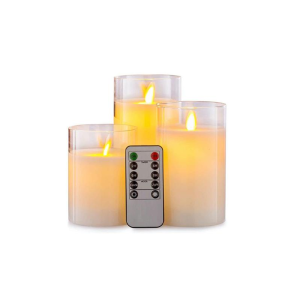 LED Bloklys sæt i glas Ø7,5cm, 3 stk, vippende flamme - Inkl. fjernbetjening og timer, 10/12,5/15cm høj, ægte stearin