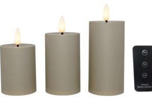 Udendørs bloklys, 3D flamme, (dia 5,2 cm) sand, 3 pak inkl. fjernbetjening