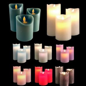 LED blok stearinlys - 3 stk. - 12/15/17 cm - m/3D flamme - (Flere farver) - Cream hvid
