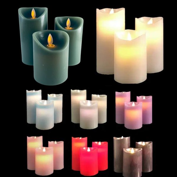 LED blok stearinlys - 3 stk. - 12/15/17 cm - m/3D flamme - (Flere farver) - Hvid