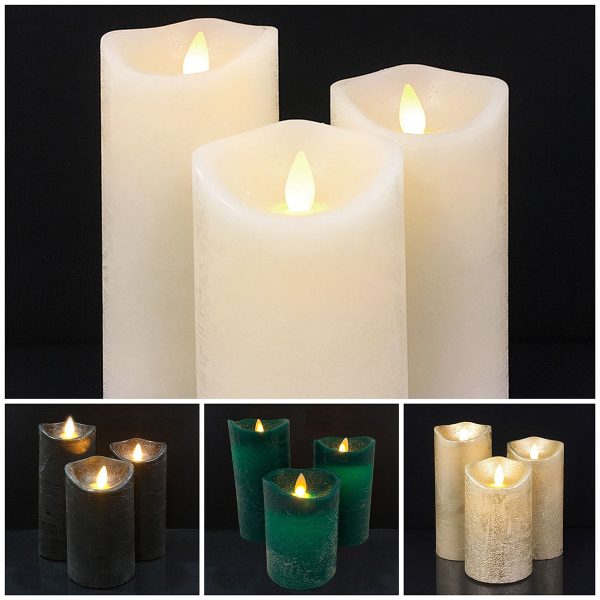 LED blok stearinlys - RUSTIK - 3 stk. - 10/12,5/15 cm - m/3D flamme - (flere farver) - Lilla