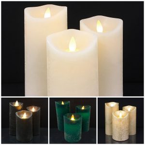 LED blok stearinlys - RUSTIK - 3 stk. - 10/12,5/15 cm - m/3D flamme - (flere farver) - Lysegrøn