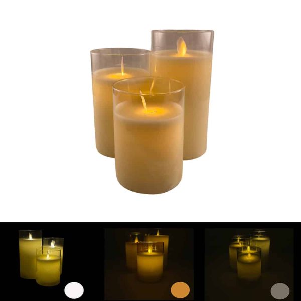 LED stearinlys i glas - 3 stk. - 12/15/17 cm - m/3D flamme - (flere farver) - Grå