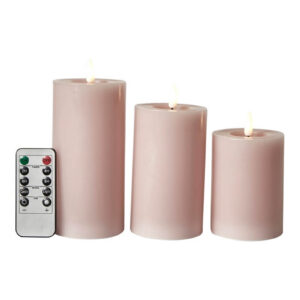 LED bloklys flad top 3-pak D7,5x10/12,5/15 fjernbetjening rosa