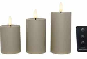 LED bloklys - udendørs (dia 5,2 cm) sand, 3 pak inkl. fjernbetjening