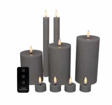 LED lyssæt - Bloklys, kronelys og fyrfadslys, grå - 10 dele inkl. fjernbetjening