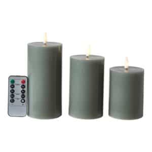 Da'Core LED bloklys 3D flamme 3-pak Ø7,5x10+12,5+15 cm grå/grøn med fjernbetjening