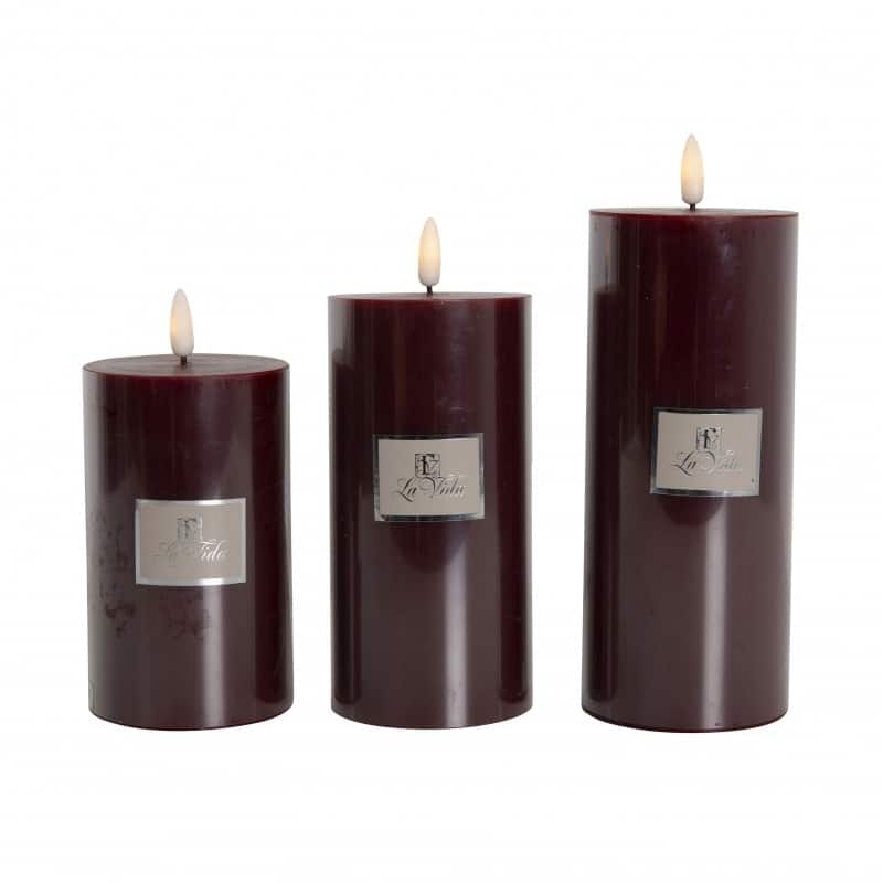 La Vida LED Bloklys m. statisk flamme - Mørk rød H12,5xØ7,4 cm